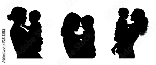 Silhouette of a mother holding her child in various poses a symbol of love, care, and the bond between parent and child