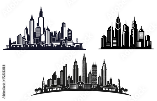Three city skyline silhouettes vector illustration of urban landscapes with skyscrapers and modern buildings in black and white