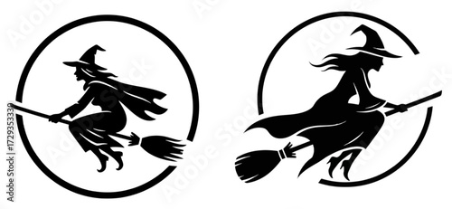 Silhouette of a witch flying on a broomstick in a circle, halloween vector illustration of a witch on a broom