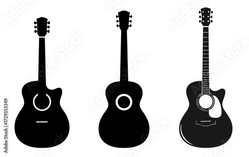 Three acoustic guitars in black silhouette, showcasing different body shapes and styles for musical expression and design