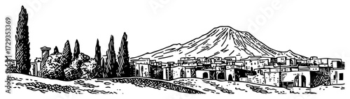 Volcanic Mountain with Italian Village Panorama Line Art