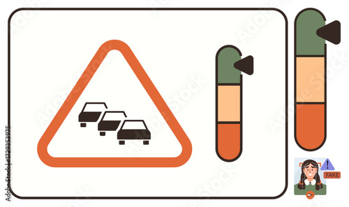 Warning sign for traffic congestion with progress bars showing severity levels and notification of potential fake alert. Ideal for safety, transportation, navigation, traffic analysis, user