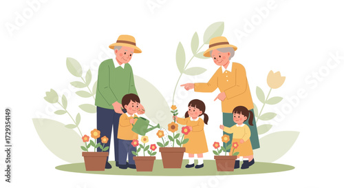Family Bonding In Gardening: Grandparents And Grandkids Cultivating Blossoming Flowers
