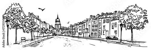European City Boulevard With Church Dome Line Art Vector