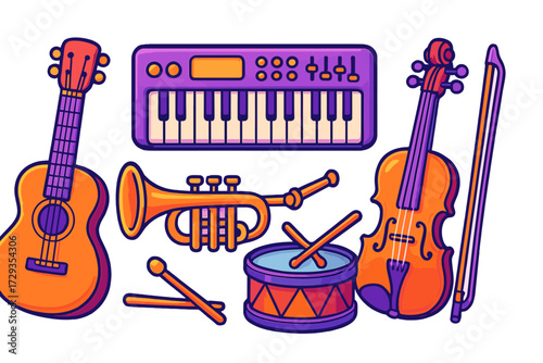 Vibrant cartoon musical instruments set featuring guitar, keyboard, trumpet, drum, and violin