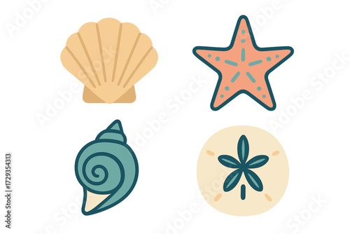 Collection of various marine life elements including scallop shell, starfish, conch, and sand dollar on white background