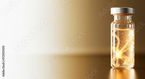 Glass vial with golden liquid and reflections on surface. Vial contains shimmering golden substance creating beautiful effects, showcasing elegance and luxury.