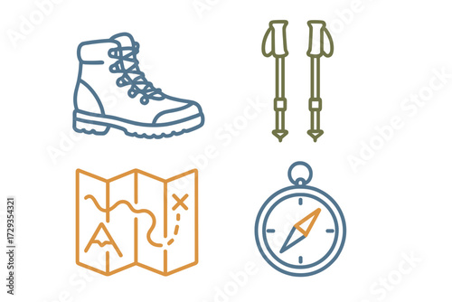 Essential outdoor adventure gear collection featuring hiking boot, trekking poles, navigation map, and compass for exploration
