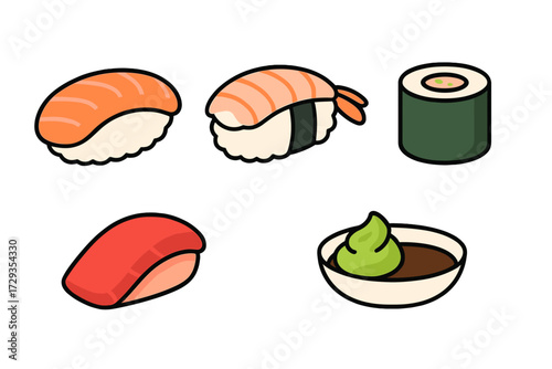 Traditional Japanese sushi nigiri, fresh sashimi, maki roll, and essential dipping condiments assortment