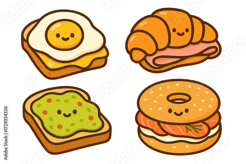 Adorable kawaii style breakfast dishes featuring fried egg toast croissant sandwich avocado toast and salmon bagel