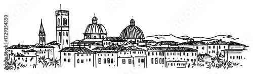 Florence Old Town Panorama With Domes Line Art Vector