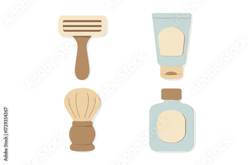 Personal grooming items for daily hygiene routine including shaving razor, brush, cream, and aftershave bottle