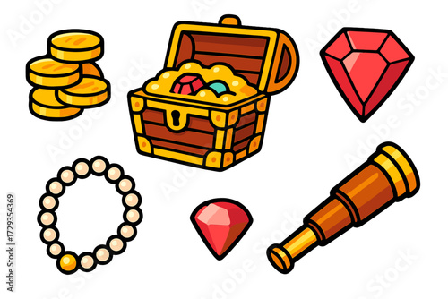 Vibrant pirate treasure collection featuring a wooden chest, sparkling gold coins, precious gems, a lustrous pearl necklace, and a classic brass spyglass