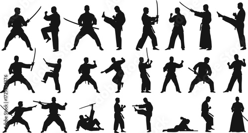 Martial arts fighters training with katana and sword in various poses and stances, black silhouette vector illustration