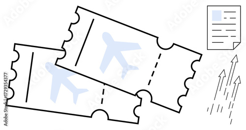 Airline tickets crossed with flight icons and an arrow-enhanced document. Ideal for travel, booking, tourism, vacation planning, aviation, global trips, and mobility. Simple flat metaphor