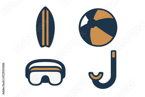 Summer beach and water sports equipment icons including surfboard, beach ball, swimming goggles, and snorkel