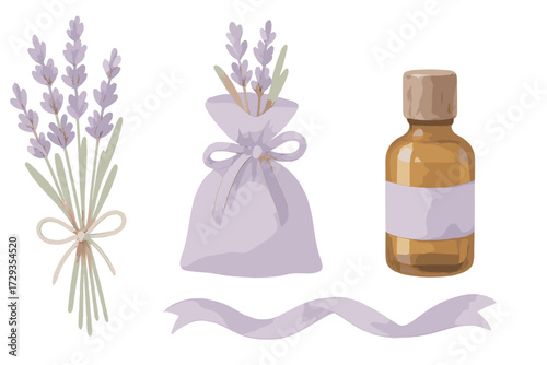 Lavender flowers bouquet, aromatic sachet, and essential oil bottle with ribbon for aromatherapy and relaxation