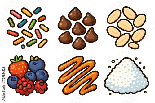 Assortment of colorful dessert toppings including sprinkles, chocolate chips, fresh berries, and sweet caramel sauce