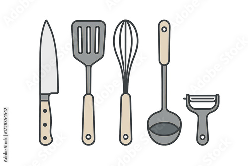 Variety of essential kitchen cooking tools and utensils for culinary activities and food preparation