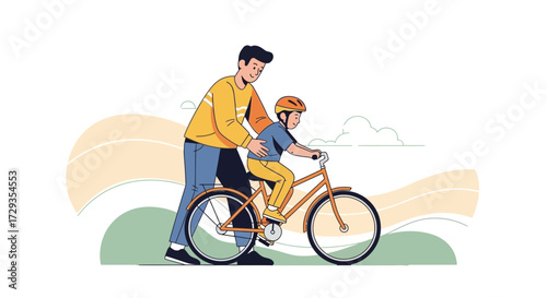 Father Helping His Son Learn To Ride a Bicycle on a Sunny Day Together