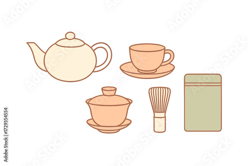 Traditional tea ceremony set with teapot, teacup, gaiwan, matcha whisk, and tea caddy for beverage preparation