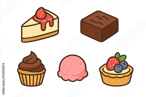 Assortment of sweet desserts and baked goods including cheesecake, chocolate brownie, cupcake, ice cream, and fruit tart