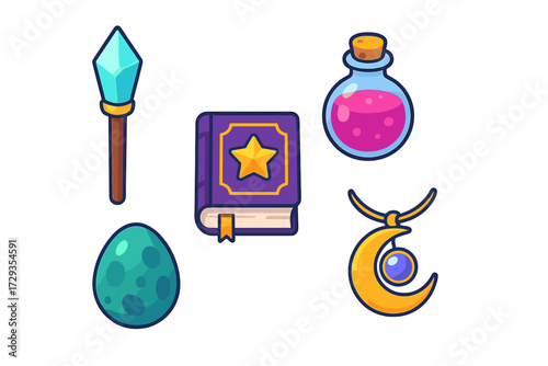 Collection of mystical fantasy objects including crystal staff, ancient spell book, magic potion, dragon egg, and moon amulet