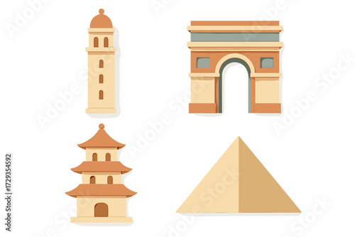 Stylized paper cut art collection featuring famous world landmarks and architectural monuments for global travel concepts