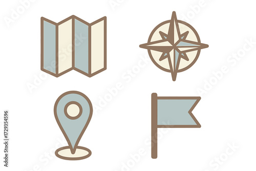 Collection of navigation and travel icons including map, compass, location pin, and flag symbols for journey and discovery