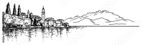 Italian Lakeside Village with Bell Tower Panorama