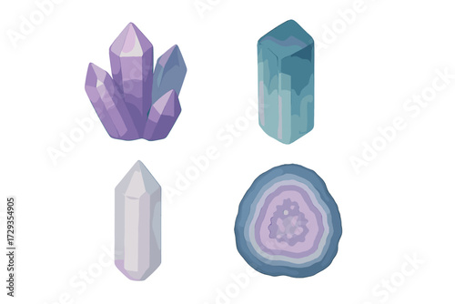 Collection of natural mineral crystals and polished geode slice with vibrant purple, blue, and teal colors