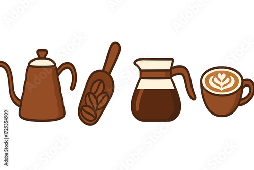 Assortment of coffee brewing essentials including a kettle, scoop with beans, carafe, and a cup of latte