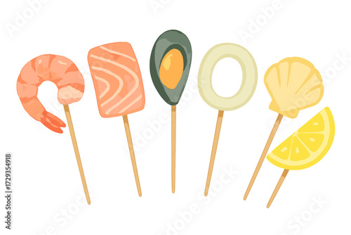 Assortment of fresh seafood and lemon slices on wooden skewers