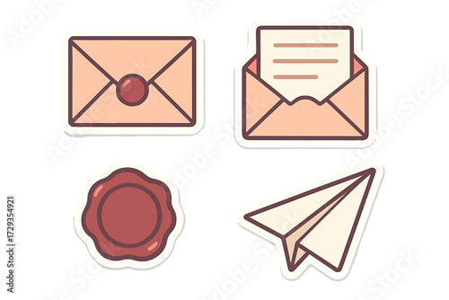 Set of digital mail and communication icons including closed envelope, open letter, wax seal, and paper airplane