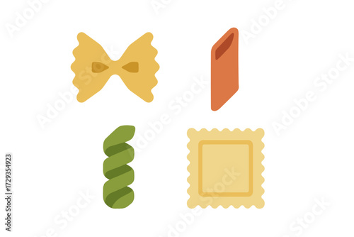 Vibrant assortment of classic Italian pasta shapes including farfalle, penne, fusilli, and ravioli, ready for cooking