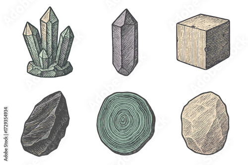 Natural geological and organic elements including quartz crystals, rough stones, and a tree trunk cross-section