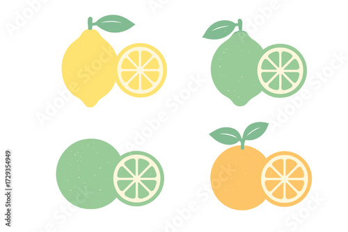 Assortment of vibrant fresh citrus fruits including lemons, limes, and oranges with slices and green leaves