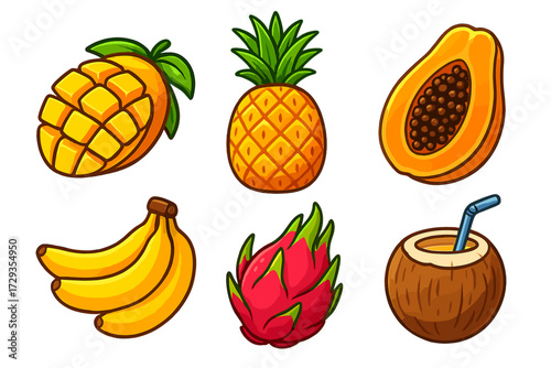 Assortment of colorful tropical fruits including mango, pineapple, papaya, bananas, dragon fruit, and coconut drink