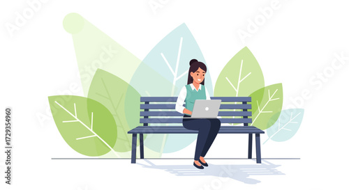 Female Worker Using Laptop on a Bench in the Park with Decorative Foliage Background Illustration
