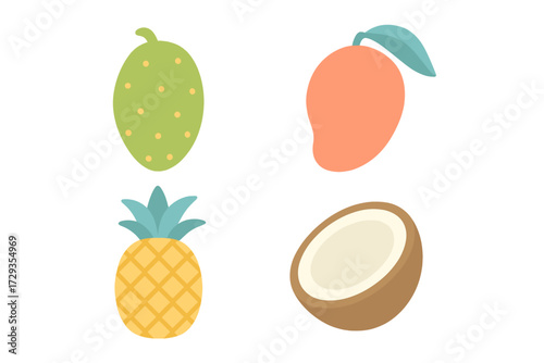 Vibrant stylized tropical fruit collection with pineapple, mango, coconut, and exotic green fruit in a bright colorful design