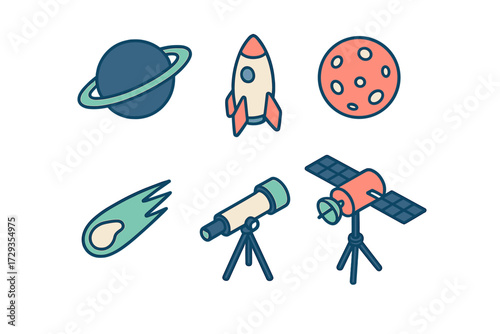 Colorful space and astronomy icons with planets, rocket, comet, telescope, satellite for cosmic exploration