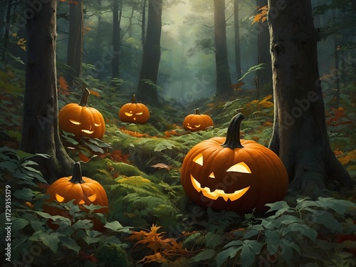 Halloween garden illustration with glowing pumpkin light.