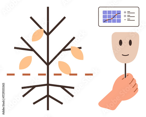 Decision tree with orange leaves and dotted cut line alongside analytics dashboard and smiling mask in hand. Ideal for strategy, analysis, decision-making, data insight, personalization, choices
