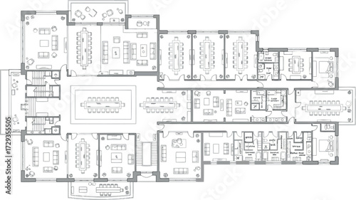 Vector art of detailed architectural floor plan of a large luxury estate with multiple wings and rooms