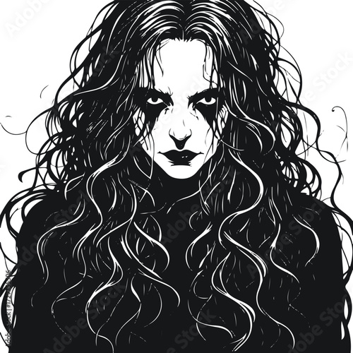 Face hidden behind long hair, black and white vector line art, creepy silhouette 1