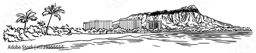 Fényképezés Waikiki Beach with Diamond Head Panorama Line Art