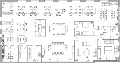 Vector art of architectural floor plan of a modern office space with meeting rooms and workstations