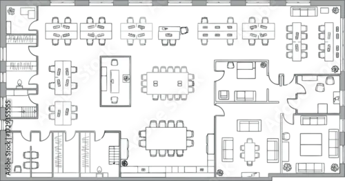 Obraz Vector art of architectural floor plan of a modern office space with meeting rooms and workstations