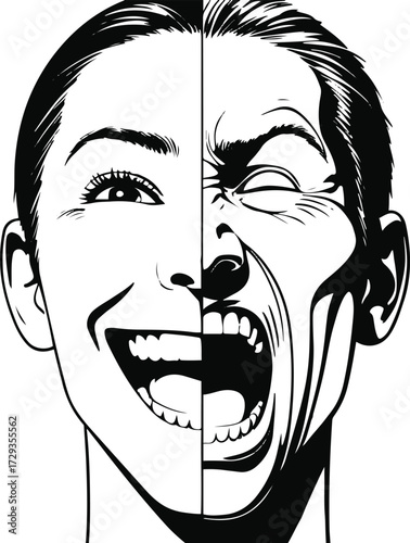 Face split into two halves, one smiling one screaming, black and white vector line art