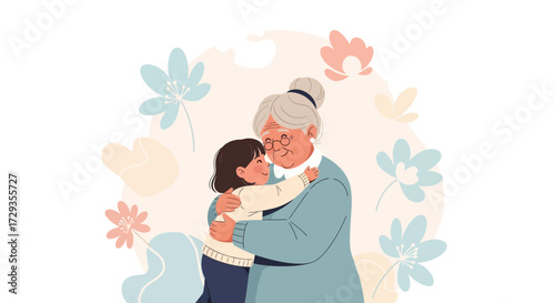 Grandmother Hugging Granddaughter with Floral Background: A Heartwarming Illustration